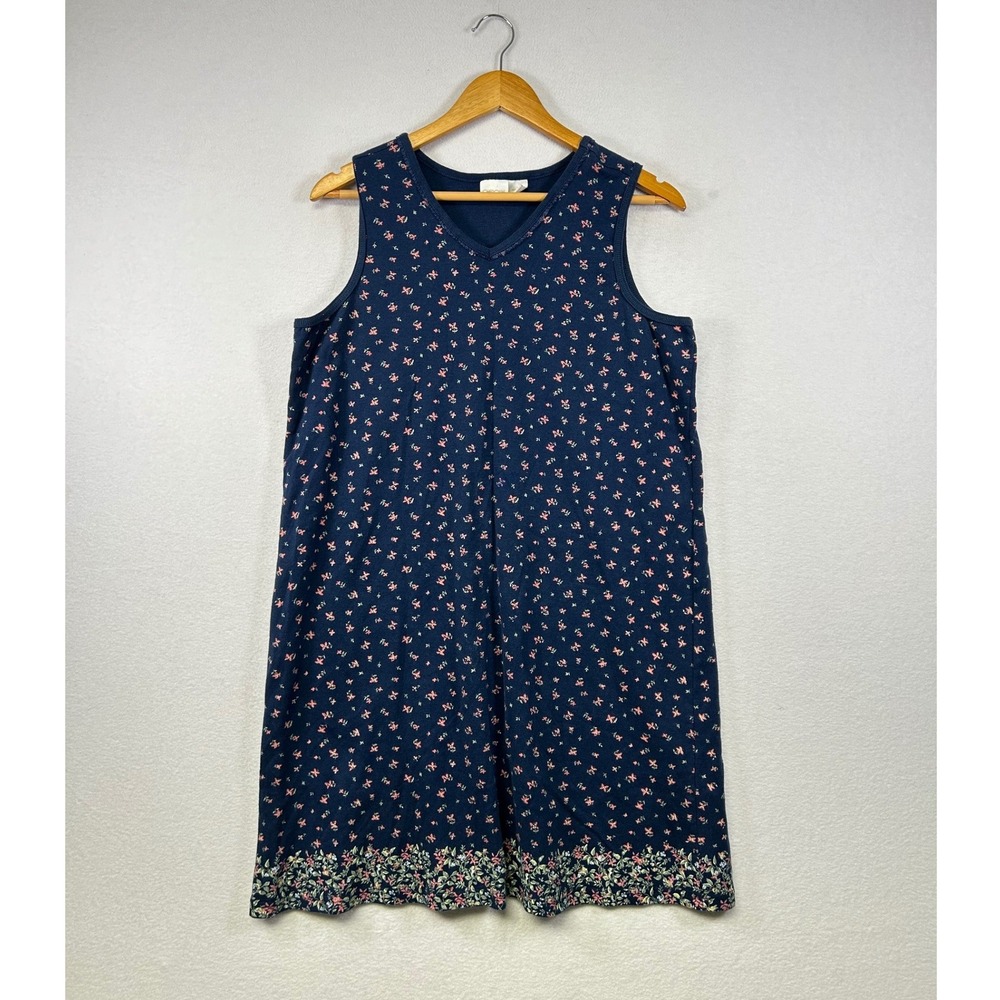 Cherokee Women Navy‎ Floral Sleeveless V Neck Dress Size L Knee Length Casual
